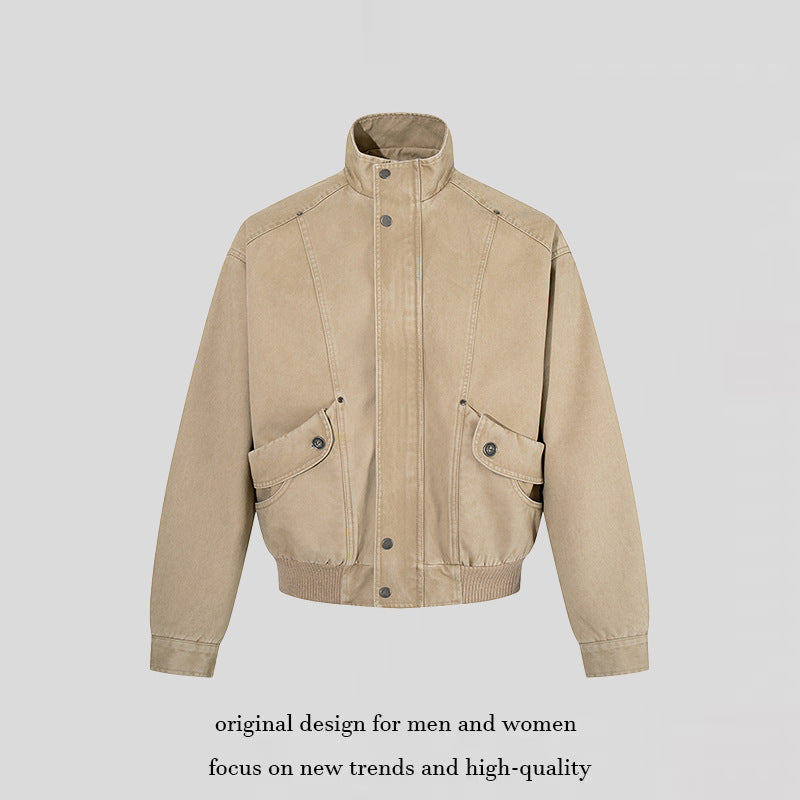 Men's short-cut utility bomber jacket made of cotton canvas with stand-up collar, concealed snap button placket, and ribbed hem Amarae