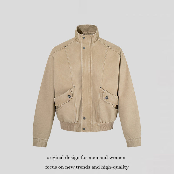 Men's short-cut utility bomber jacket made of cotton canvas with stand-up collar, concealed snap button placket, and ribbed hem Amarae