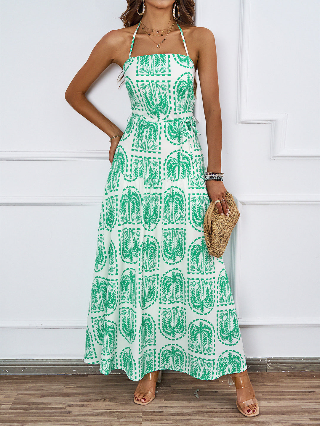 Women's maxi dress with fine graphic print and adjustable halter neck Chic & Stil