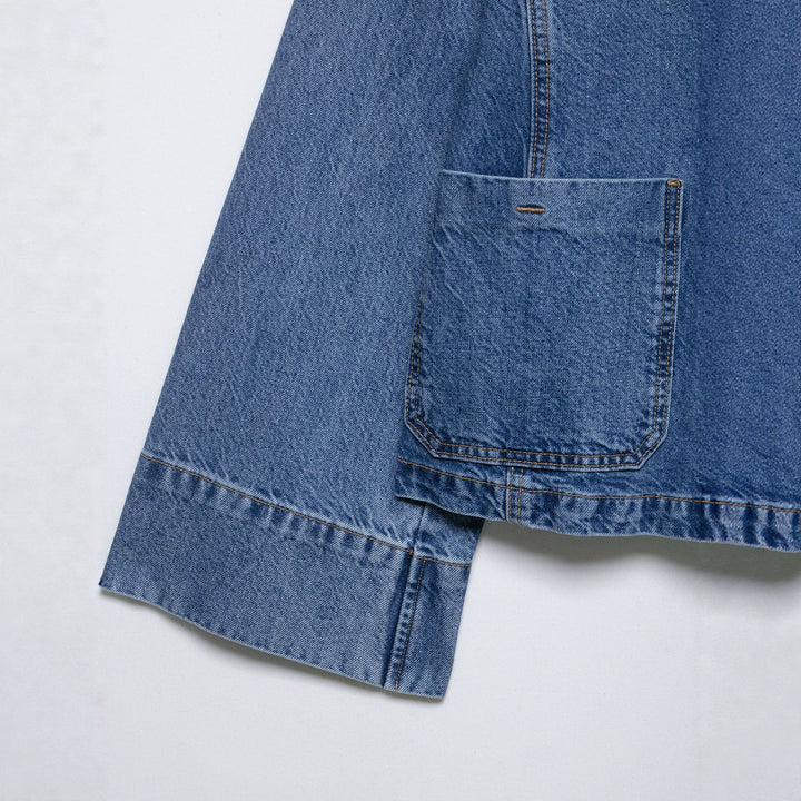 Women's Cropped Oversized Denim Jacket with Large Patch Pockets and Visible Button Placket Amarae