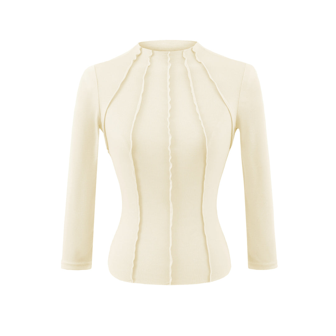 Women's Fitted Long Sleeve Shirt with Stand-Up Collar and Decorative Ruffles