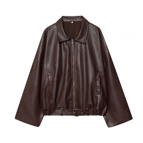 Wide Sleeve Faux Leather Jacket for Women with Practical Pockets Amarae