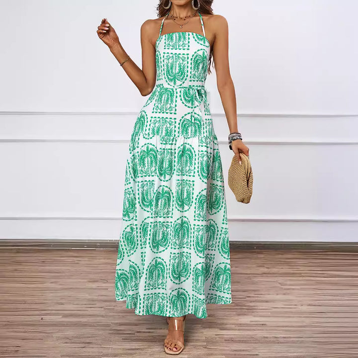 Women's maxi dress with fine graphic print and adjustable halter neck Chic & Stil