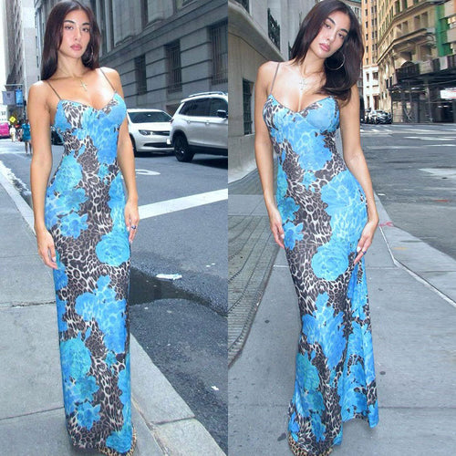 Maxi dress with spaghetti straps for women with floral and animal print Amarae