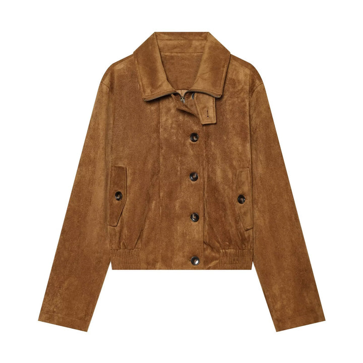 Women's short blouse jacket made of velour suede with button placket, concealed zipper, and elastic hem Amarae