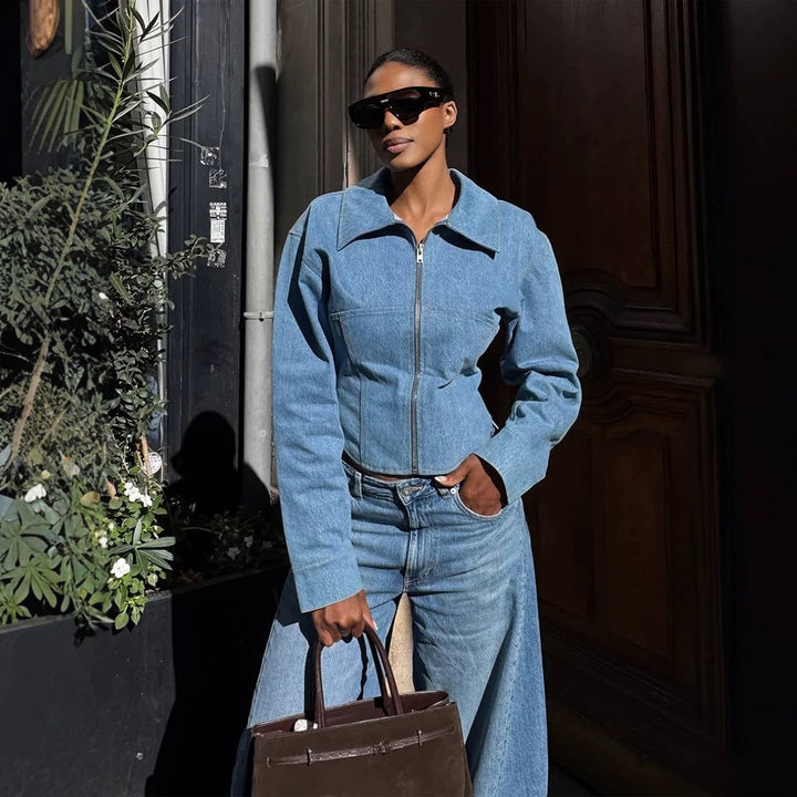 Women's short-cut denim jacket with zip and defined shoulder line Amarae