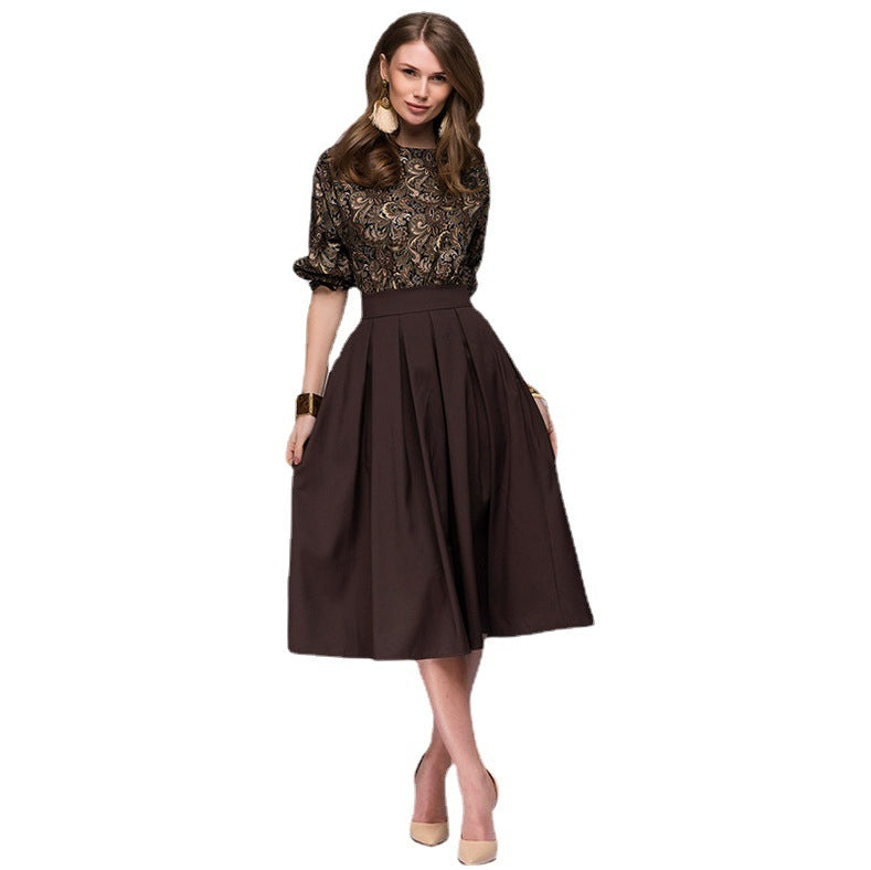 Ladies midi dress with tailored top made of jacquard and wide pleated skirt Amarae