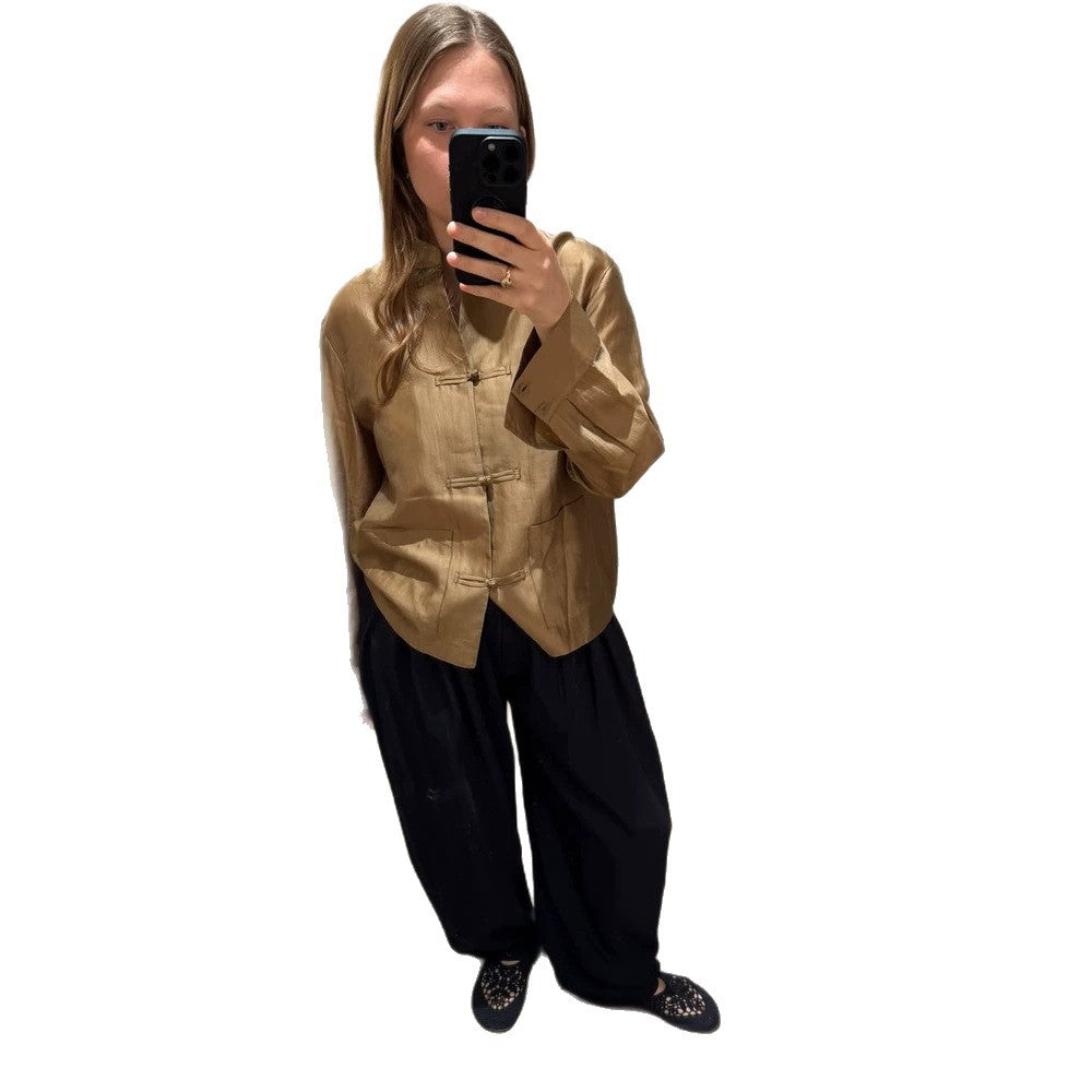 Ladies Chinese-inspired tunic shirt with stand-up collar, knot closures & crinkle texture Amarae