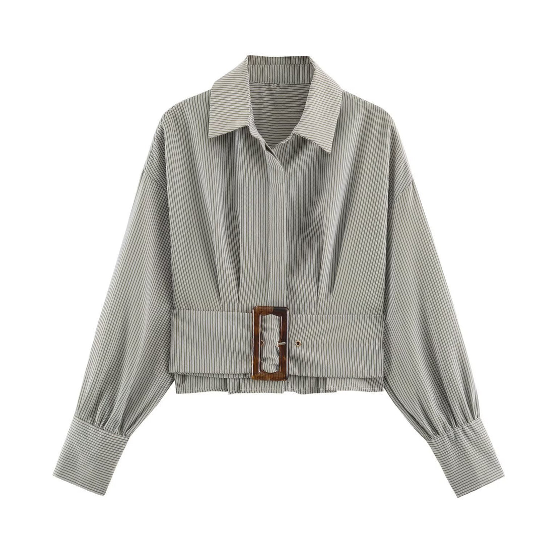 Women Cropped Shirt Blouse with Wide Waistband and Oversized Sleeves Amarae