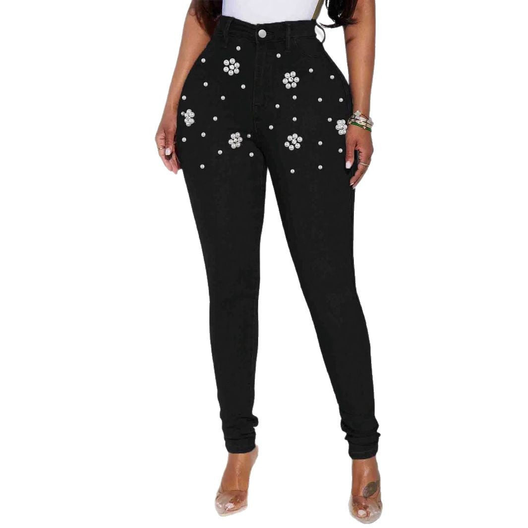 Women's High-Waisted Skinny Jeans with Pearl and Crystal Flower Decoration Amarae