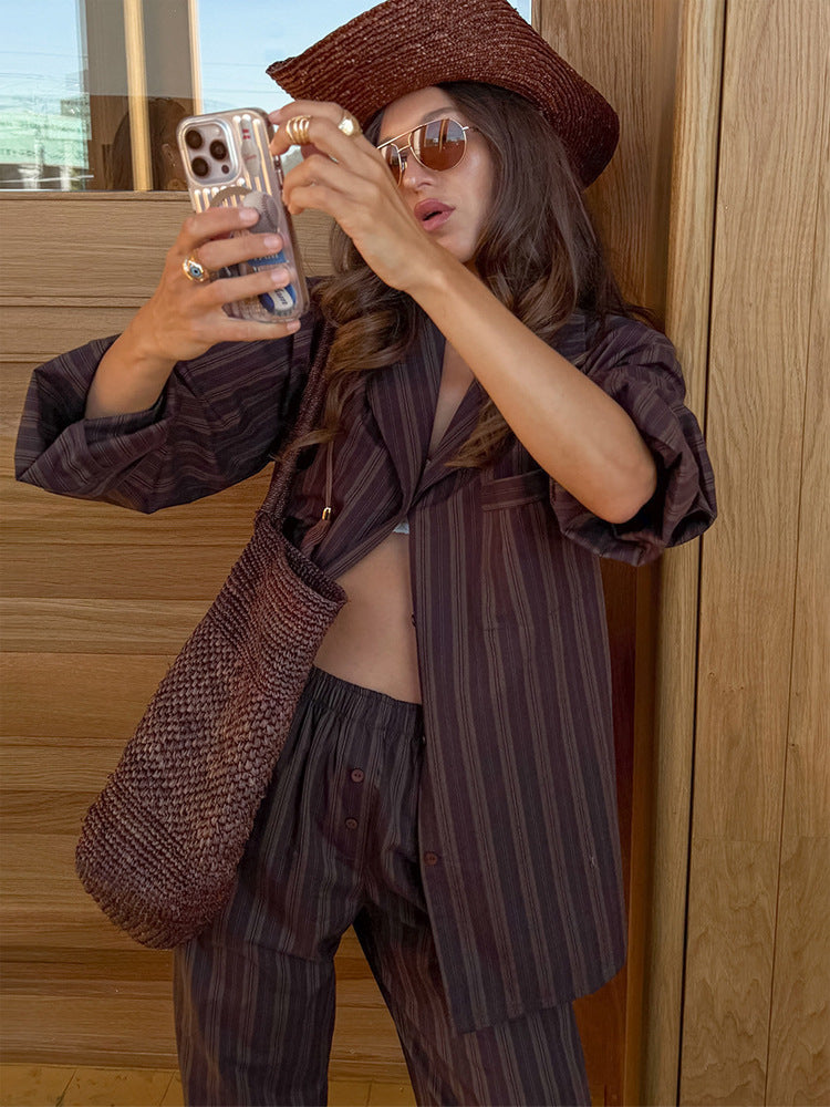 Women's Oversized Striped Blazer Set with Relaxed Linen Blend Pants Amarae