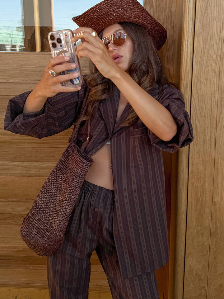 Women's Oversized Striped Blazer Set with Relaxed Linen Blend Pants Amarae