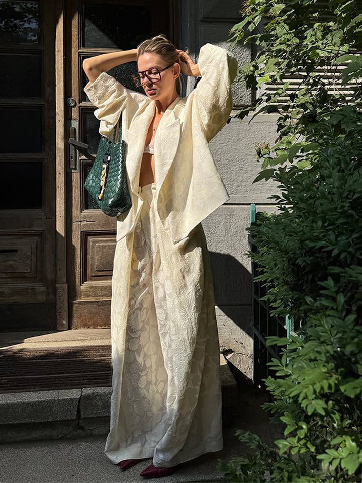 Women Two-Piece Jacquard Pants Set with Oversized Boxy Blazer and High-Cut Palazzo Pants Amarae