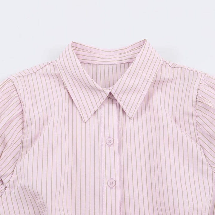Women's Tailored Short Sleeve Blouse with Peplum, Shirt Collar and Fine Pinstripe Amarae