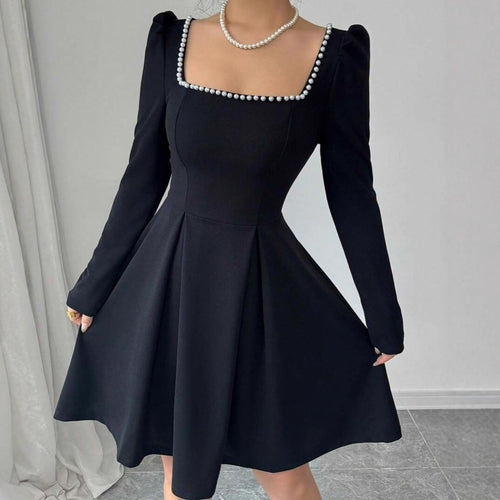 Ladies Elegant Mini Dress with narrow square neckline and fine ruffle trim Amarae