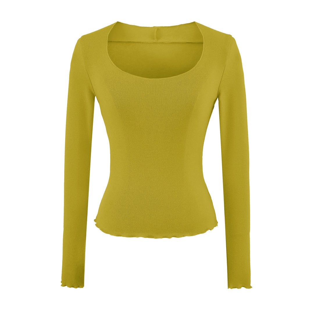 Women Fitted Long Sleeve Fine Knit Top with Square Neckline and Wave Hem Amarae