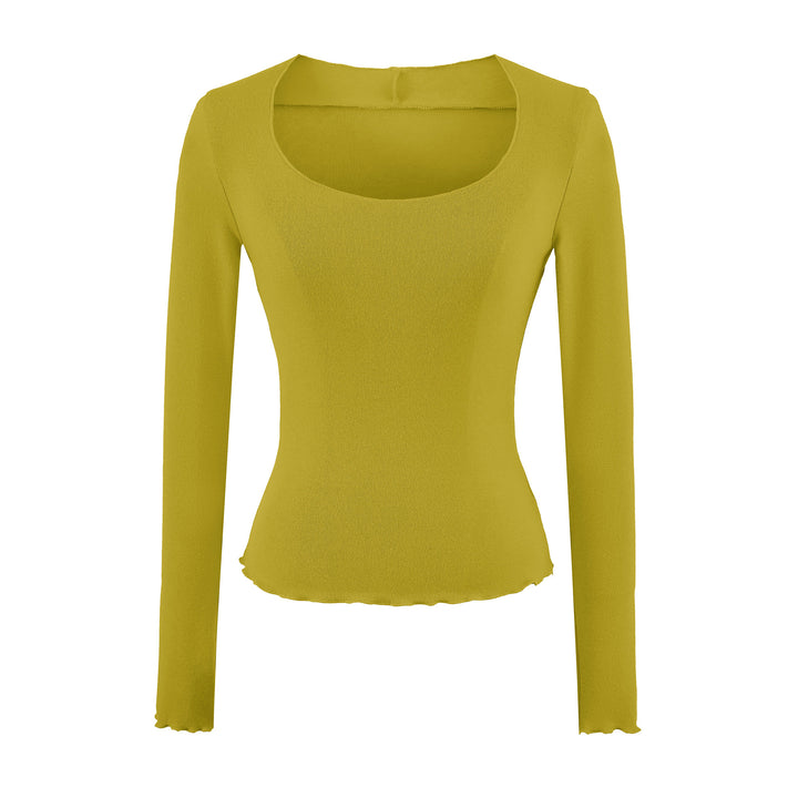 Women Fitted Long Sleeve Fine Knit Top with Square Neckline and Wave Hem Amarae