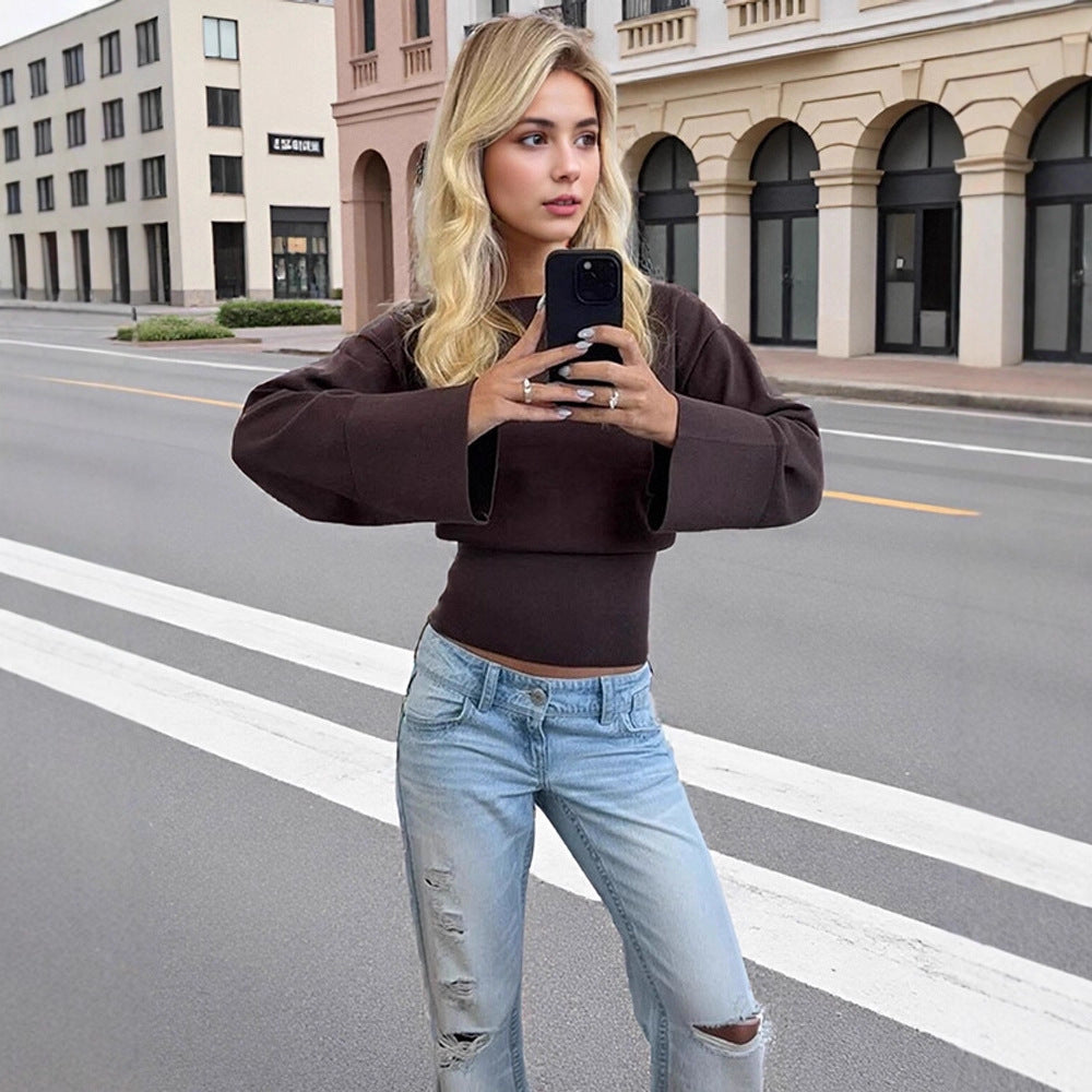 Women's Cropped Fine Knit Sweater with Wide Cuff Sleeves and Fitted Ribbed Waistband Amarae