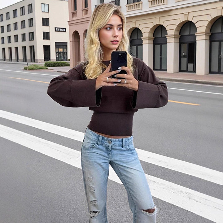Women's Cropped Fine Knit Sweater with Wide Cuff Sleeves and Fitted Ribbed Waistband Amarae