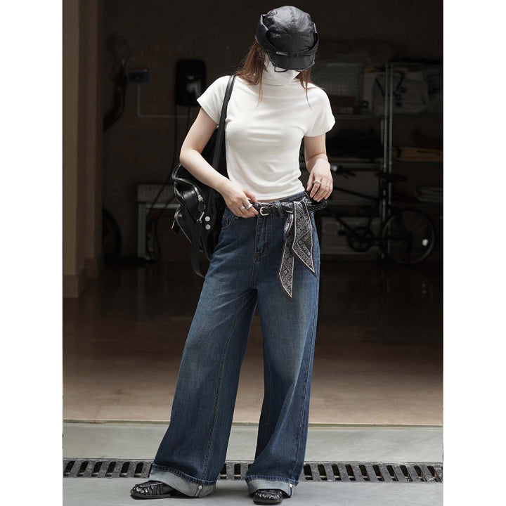 Women Extra Wide Denim Baggy Pants with Deep Crotch, Rolled Hem and Palazzo Fall Amarae