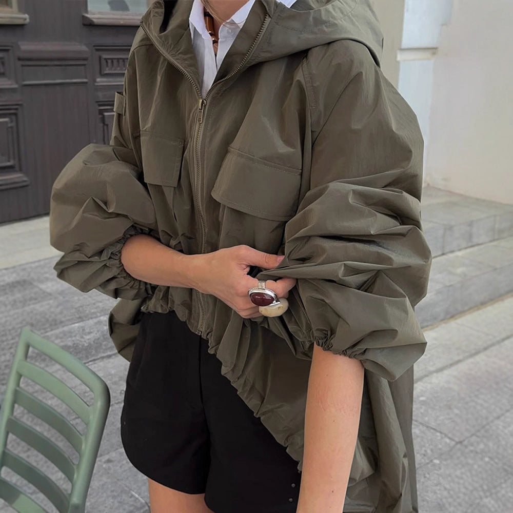 Women Oversized Utility Hooded Jacket with Drawstring, Flap Pockets and Elastic Cuffs Amarae