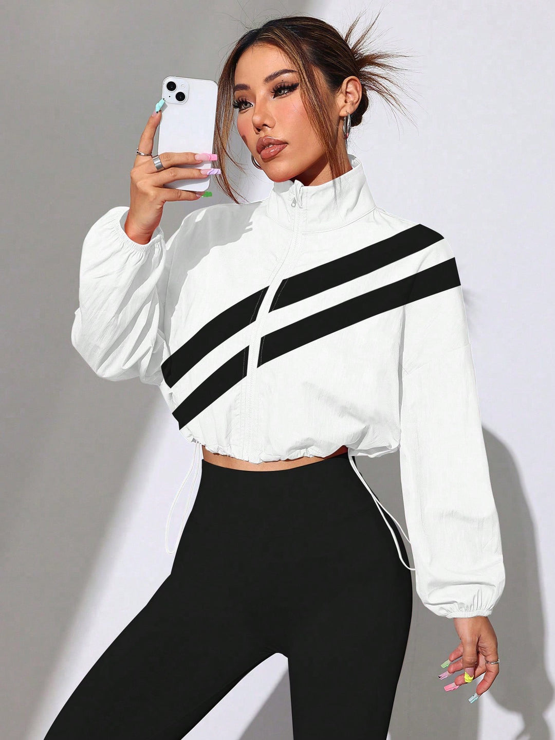 Women's Cropped Windbreaker with Stand-up Collar, Zipper and Drawstring Waist Amarae