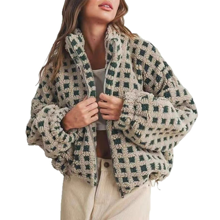 Ladies comfortable fleece jacket with modern check design Lune London