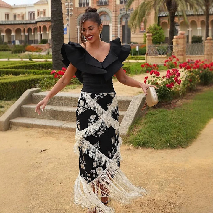 Women's Maxi Skirt with Floral Print & Layered Fringe Details Amarae