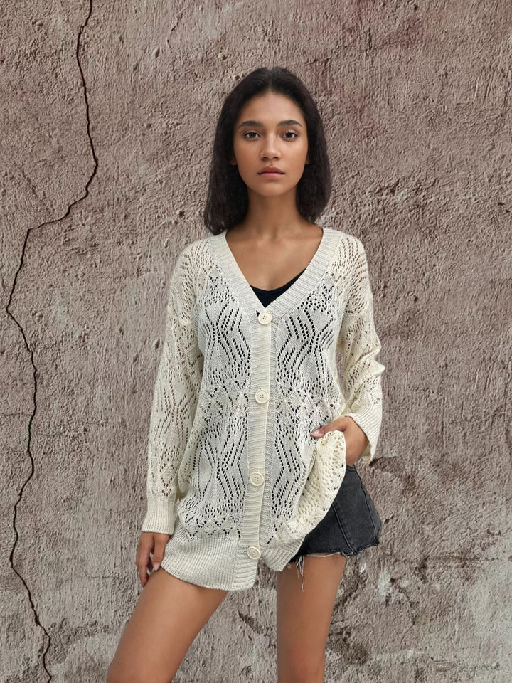 Knitted jacket for women with perforated pattern and button closure Lune Londonl