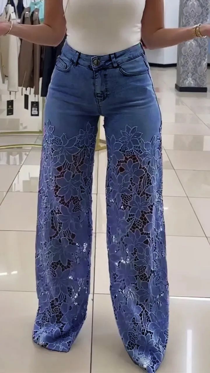 Women Elegant Wide Leg Jeans with Floral Lace Insert Lune London