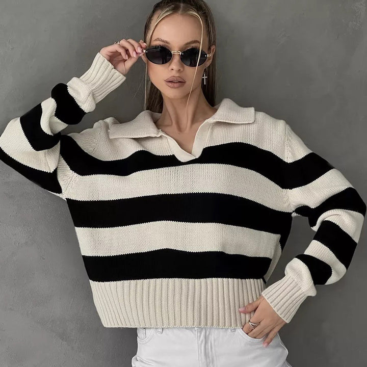 Women Oversized Sweater with Classic Collar and Chic Striped Design