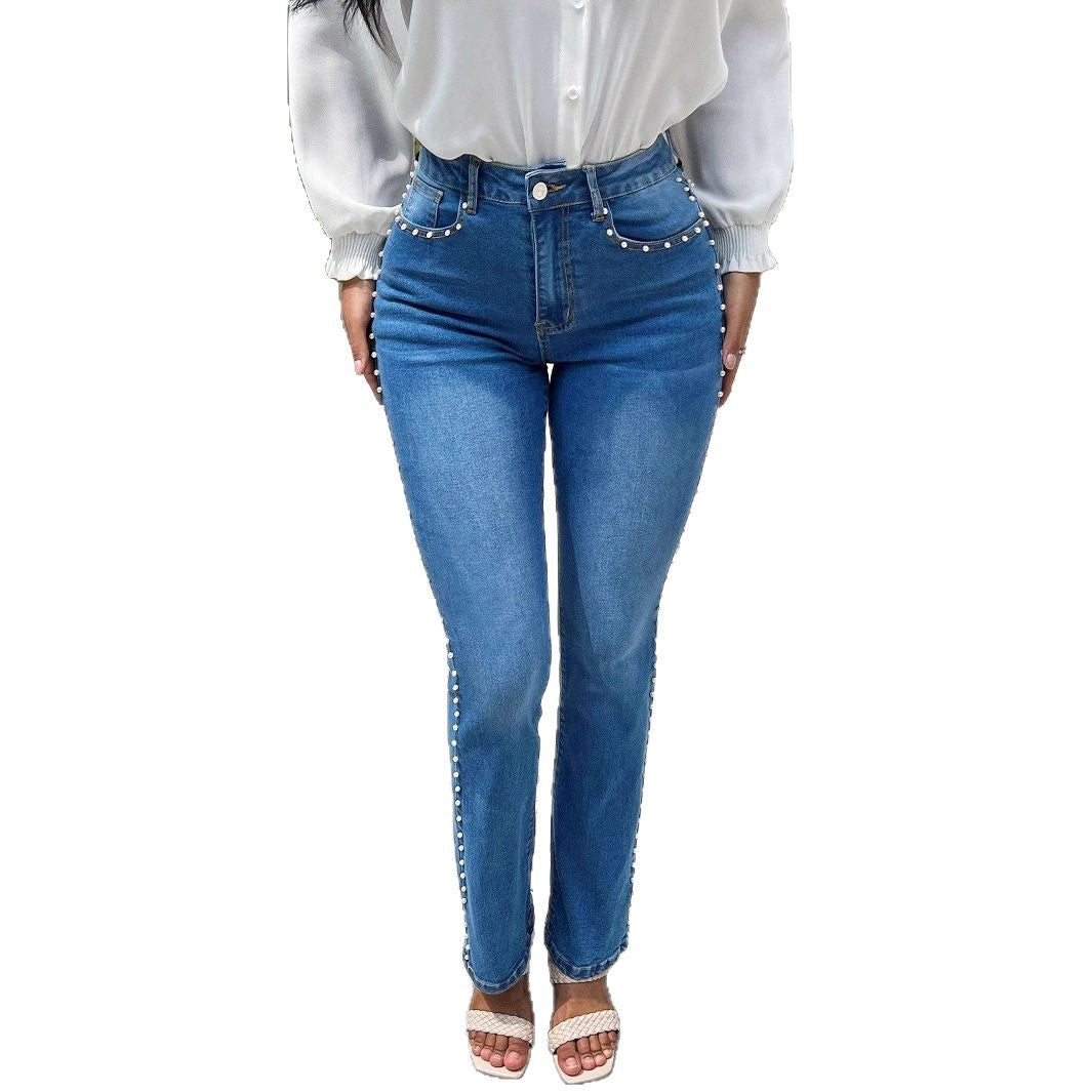 Ladies high-waisted slim jeans with pearl details on pockets and side seams Amarae