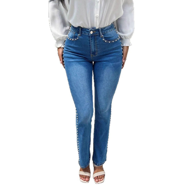 Ladies high-waisted slim jeans with pearl details on pockets and side seams Amarae