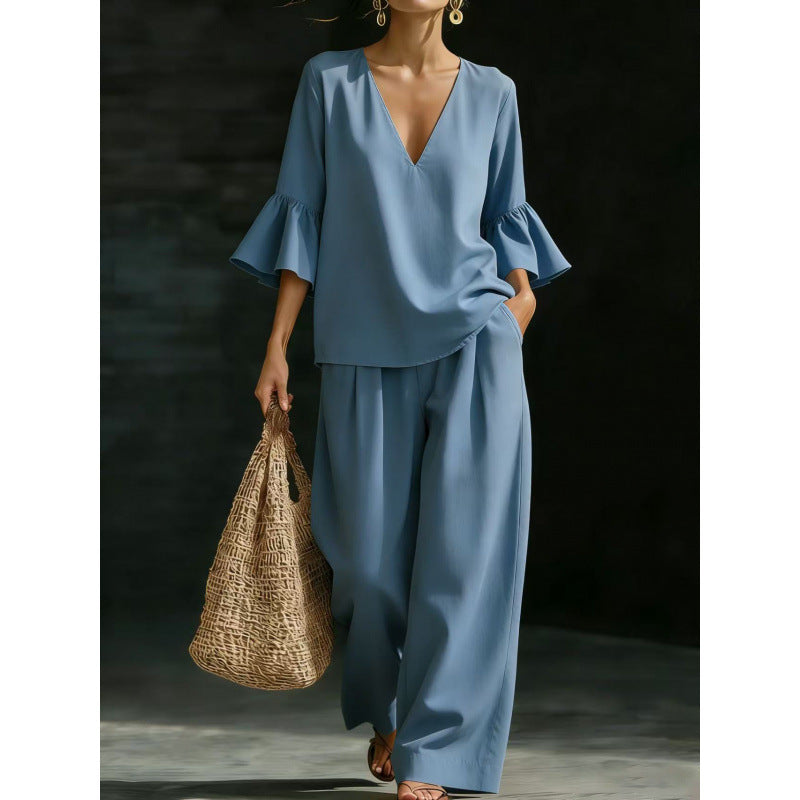 Women's Two-Piece V-Neck Tunic Set with Ruffle Sleeves and Wide High-Waisted Palazzo Pants Amarae