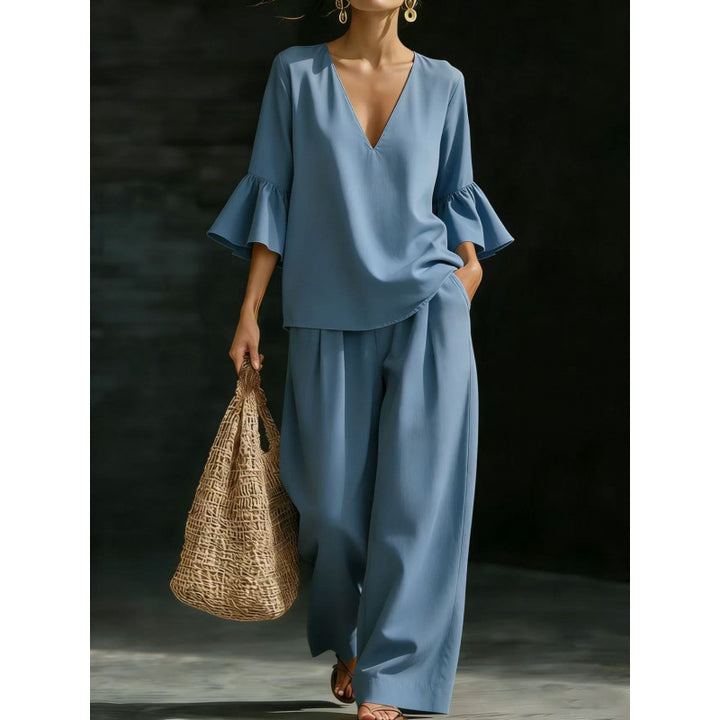 Women's Two-Piece V-Neck Tunic Set with Ruffle Sleeves and Wide High-Waisted Palazzo Pants Amarae