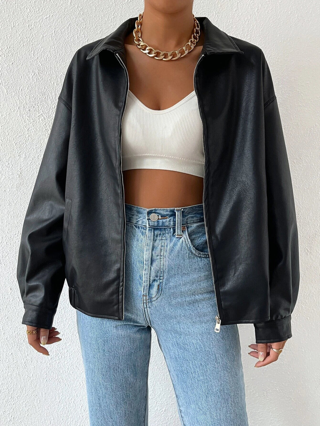 Trendy faux leather jacket for women with modern design featuring a casual zipper Lune London
