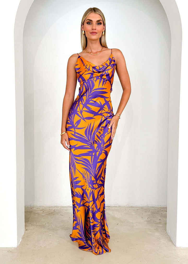 Women's maxi dress with deep neckline and floral print Lune London