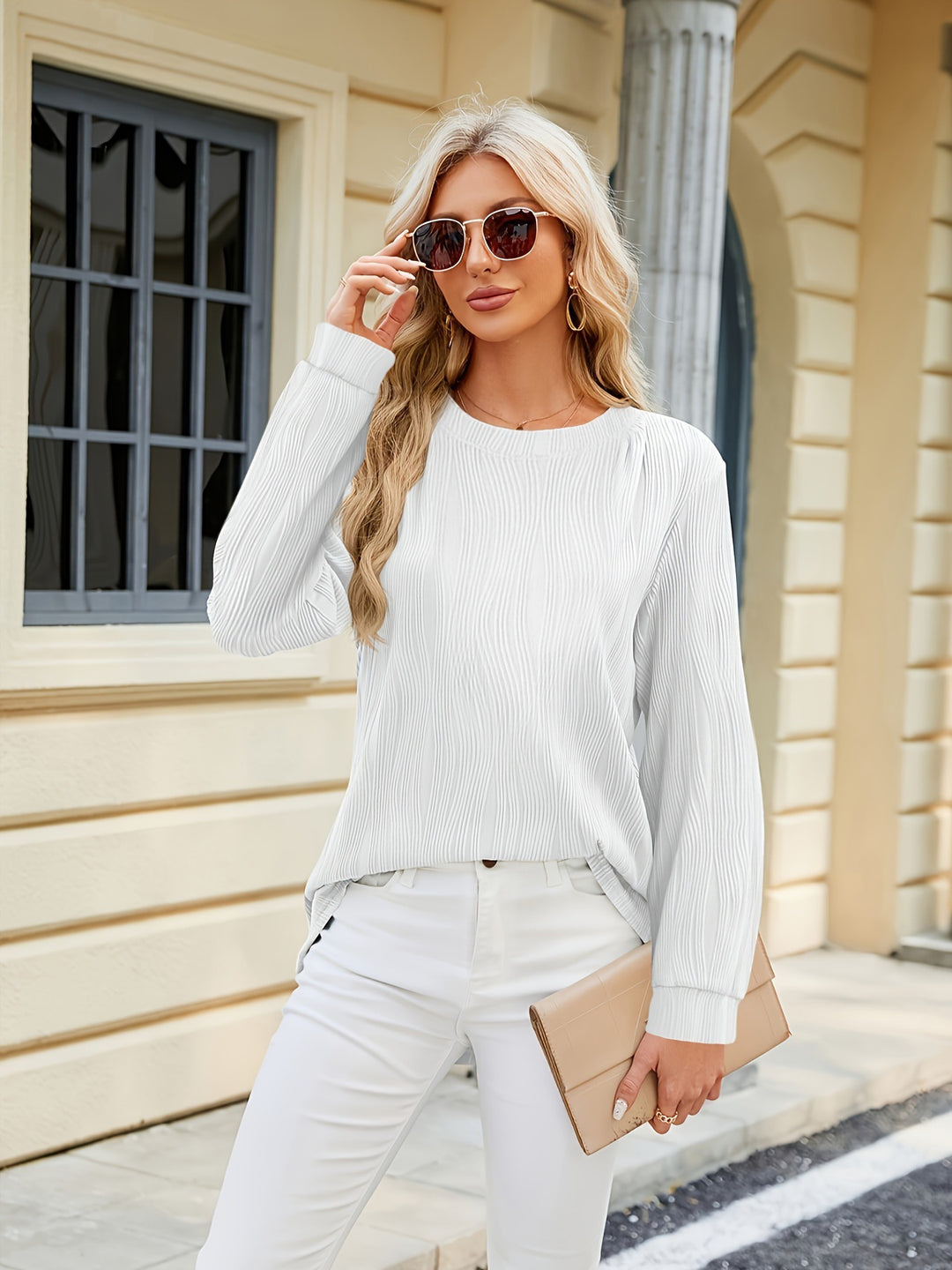 Ladies Elegant Long Sleeve Blouse with Fine Ribbed Structure and Chic Side Slits and Style
