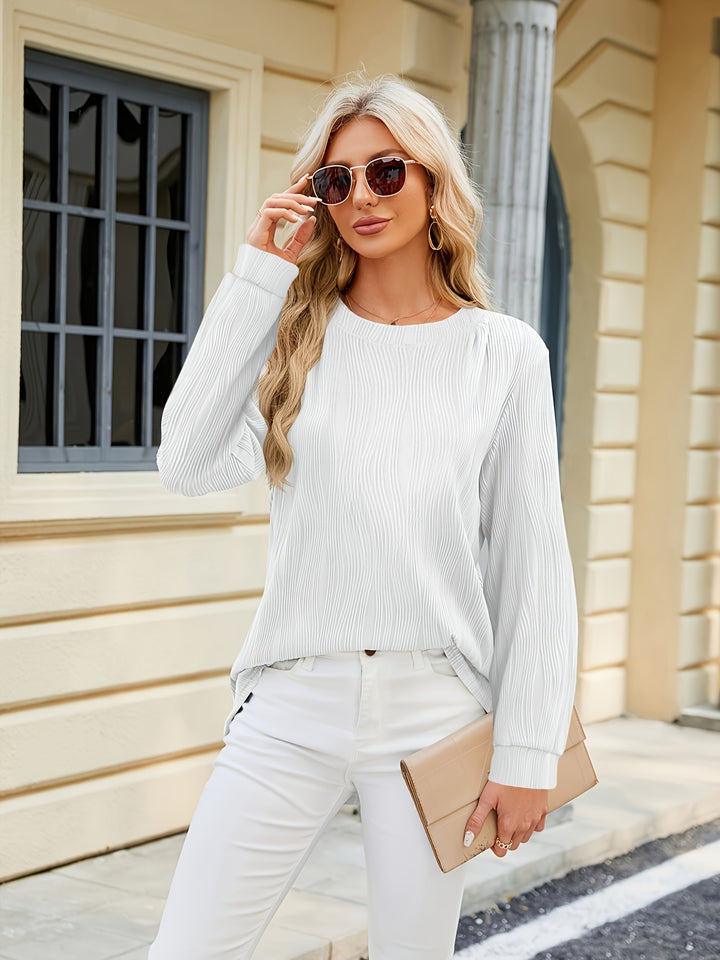 Ladies Elegant Long Sleeve Blouse with Fine Ribbed Structure and Chic Side Slits and Style