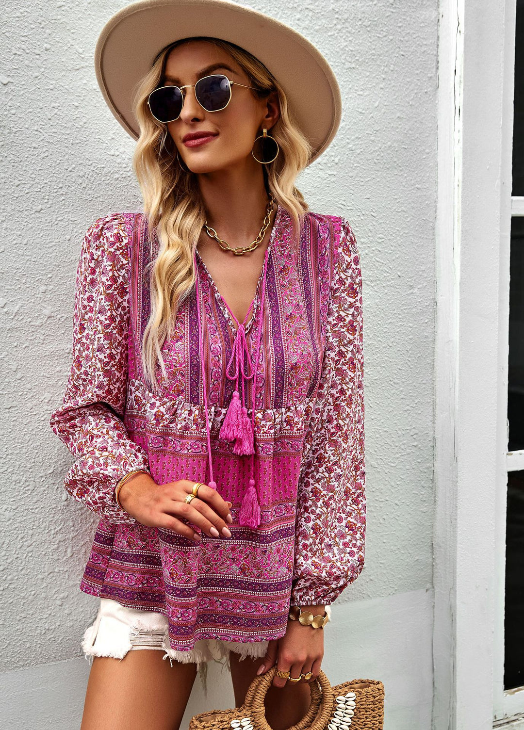Airy women's blouse with trendy boho pattern and elegant ruffle details Lune London