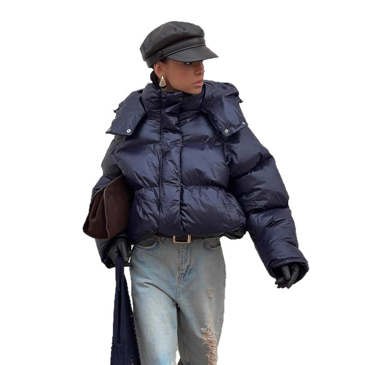 Ladies short cut glossy oversized quilted jacket with high collar Amarae