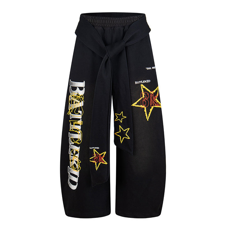 Ladies Wide Palazzo Culotte Pants with Integrated Tie Belt and Star Graphic Amarae