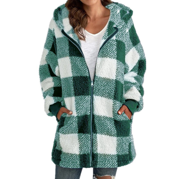 Women's Checked Teddy Fleece Coat with Hood and Zipper Amarae