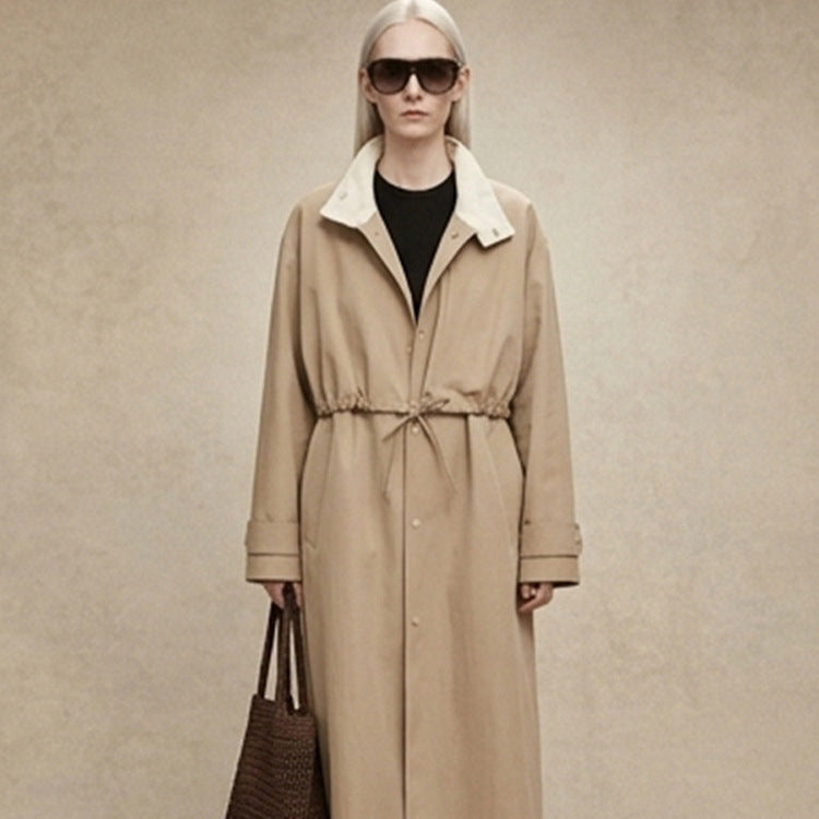 Women Tailored Coat in Trenchcoat Style with Drawstring Waist and Contrast Collar Amarae