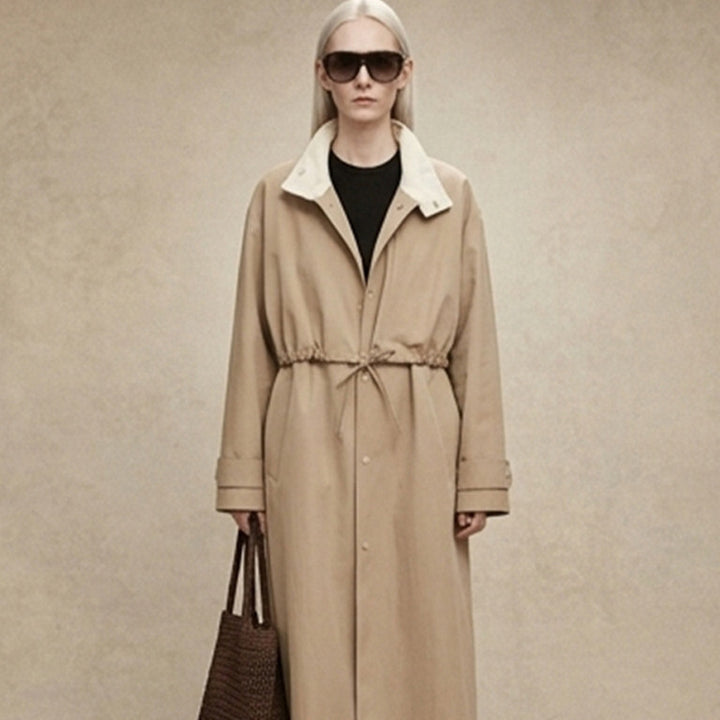 Women Tailored Coat in Trenchcoat Style with Drawstring Waist and Contrast Collar Amarae