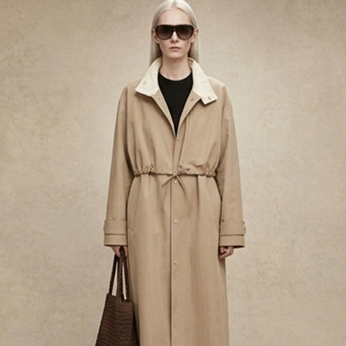 Women Tailored Coat in Trenchcoat Style with Drawstring Waist and Contrast Collar Amarae