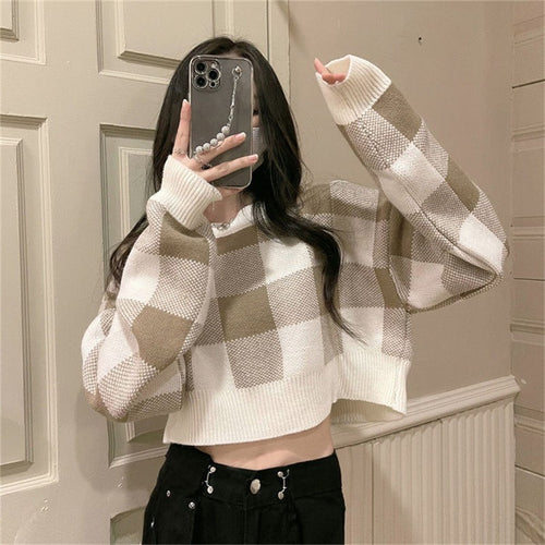 Amarae checkered pattern cropped sweater for ladies