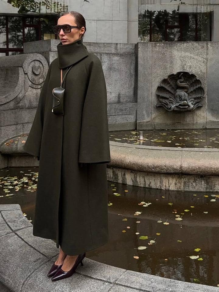 Ladies Maxilength Oversize Wool Blend Coat with Oversized Stand Collar and Balloon-like Sleeves Amarae