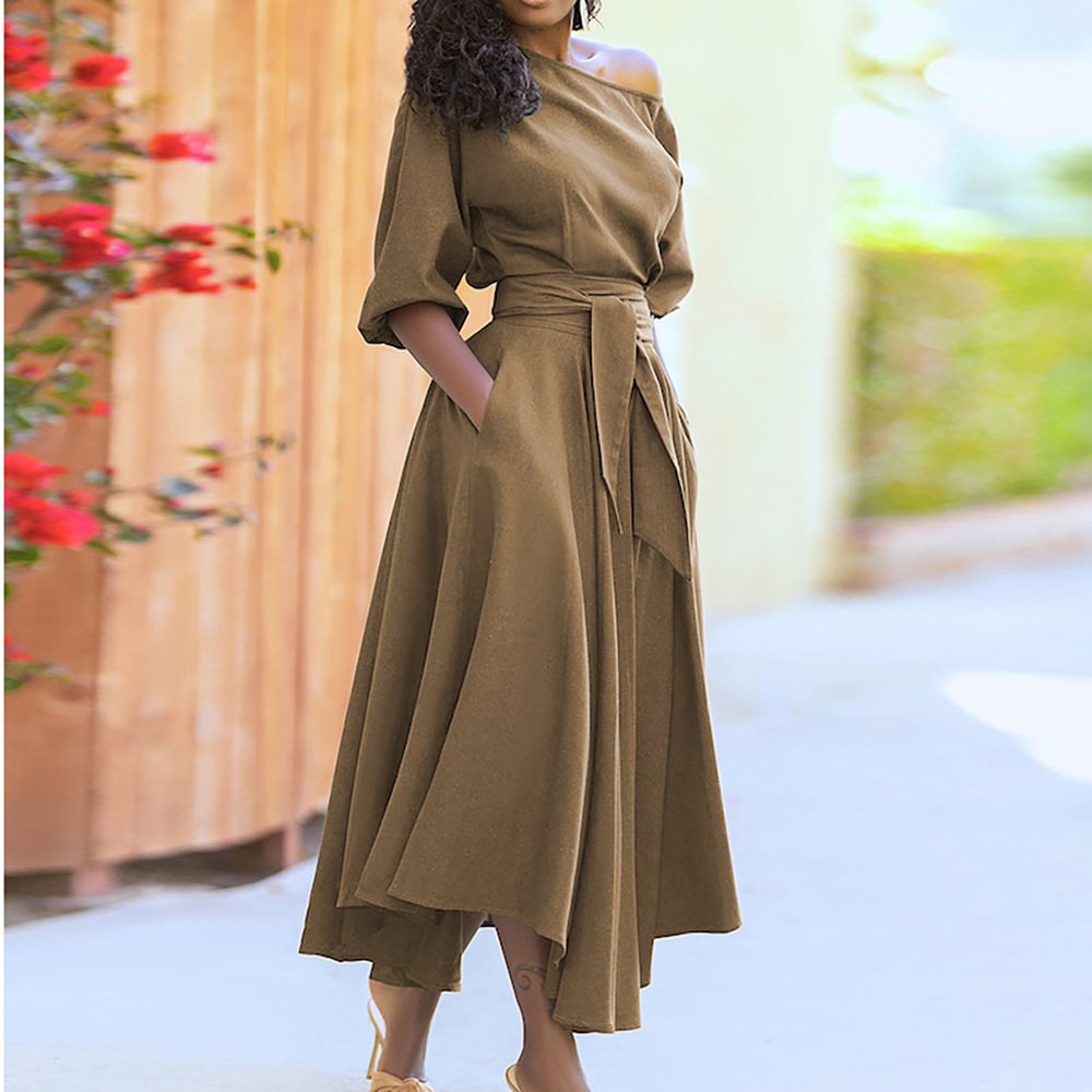 Elegant midi dresses for women with an off-shoulder design and a belt at the waist Lune London