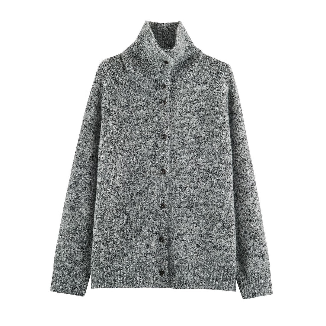Women's Chunky Knit Cardigan with High Roll Neck and Continuous Button Placket Amarae